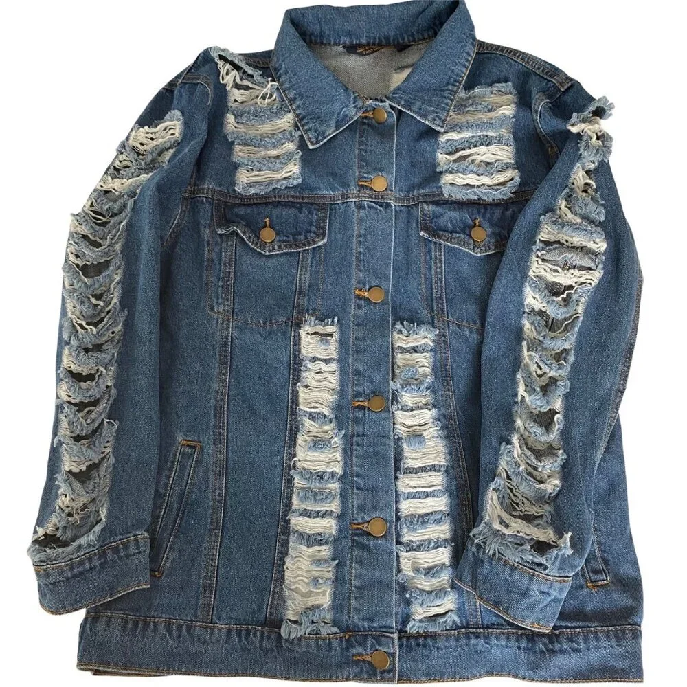 Denimland Paris Collection Jean Jacket Women M Destroyed Rhinestones Embroidered - Picture 11 of 13